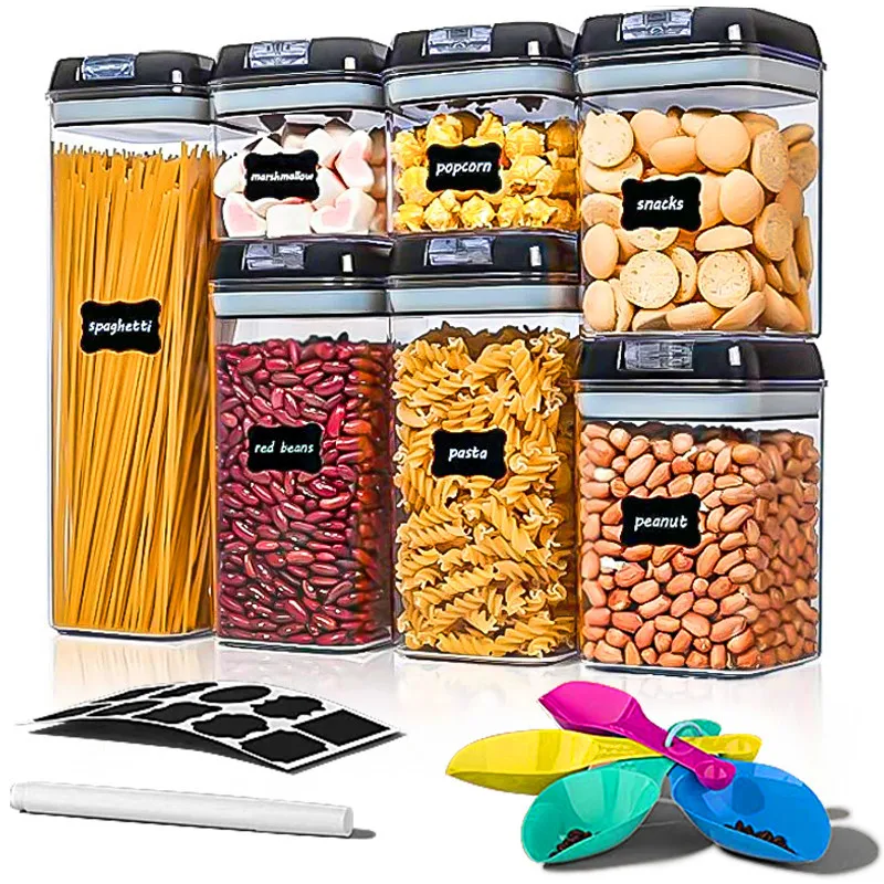 Hot Selling Plastic 7Pcs Set Airtight Food Storage Container Kitchen Sealed Cereal Containers with Lids Pantry Food Organization