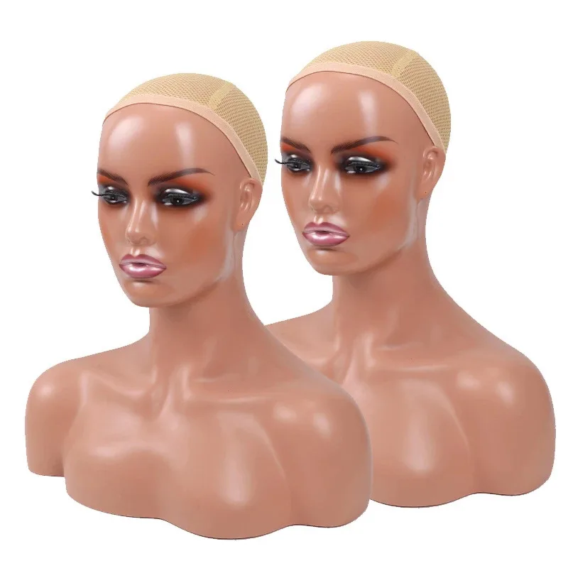 Mannequin Head Wig Realistic Mannequins Female Head with Shoulders Busts Dark Skin Brown Head Mannequin for Display Training