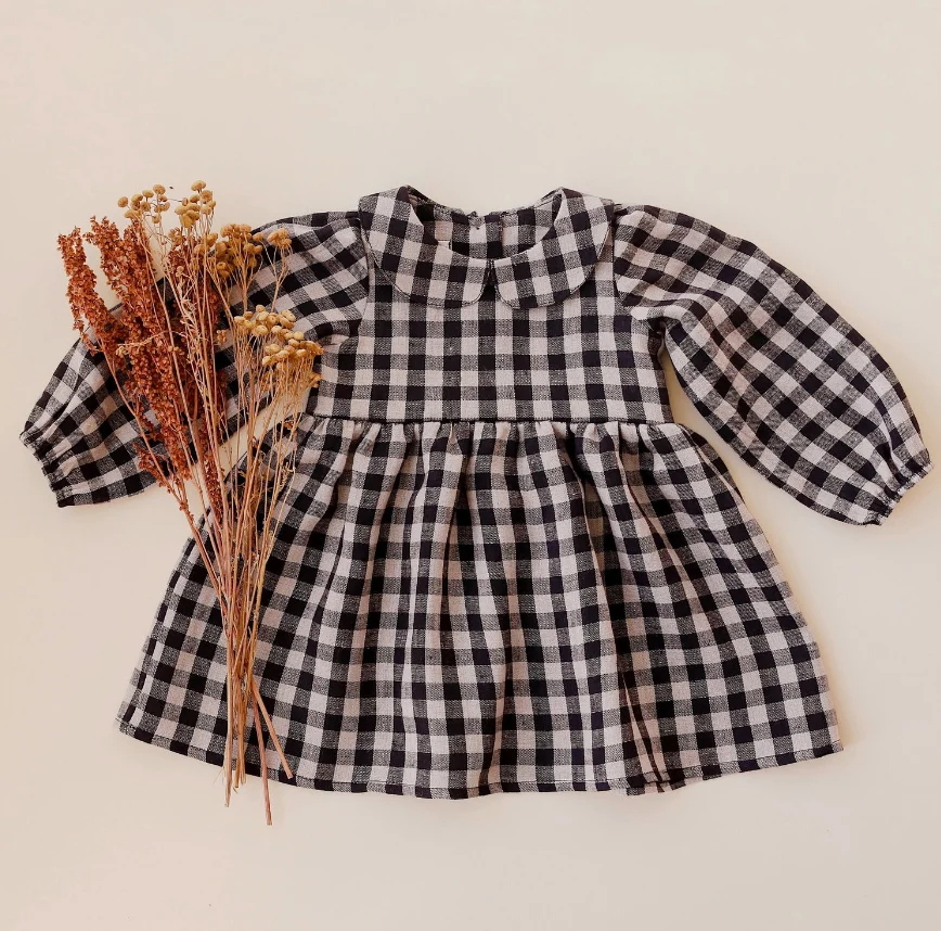 Toddle baby black white gingham linen peter pan collar dress