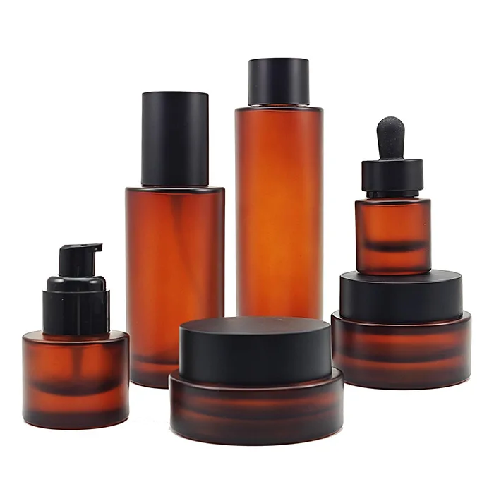 Custom Logo Amber Frosted Cosmetic Packaging Set 30ml 40ml 50ml 100ml 120ml Pump Bottle Matt Brown Dropper Bottle Cream Jar 50g