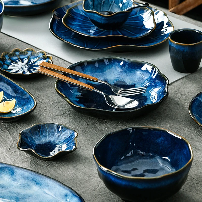 Ceramic Tableware Plates Sets Dinnerware Kiln Porcelain Plate Japanese Blue Glaze Ceramic Bowl For Home Hotel