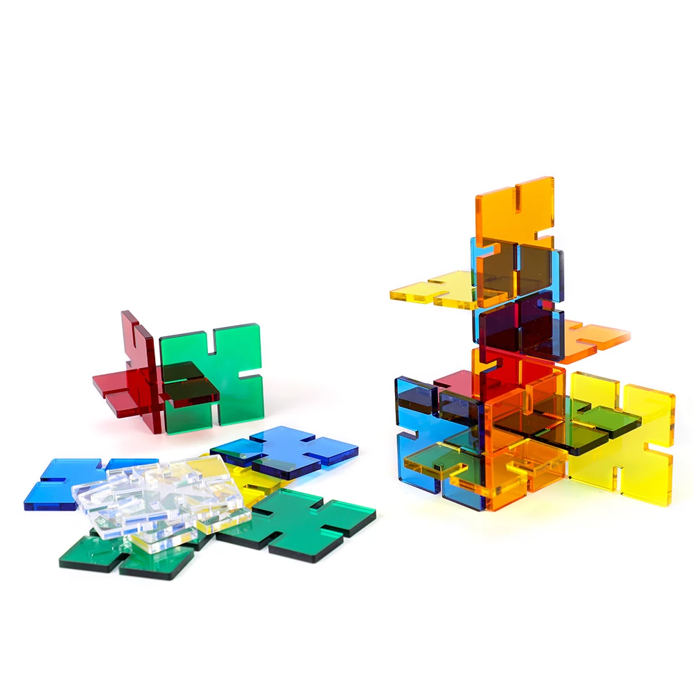 Custom Kids Learning 24pcs Colorful Clear Acrylic Square Snowflake Building Cubes Blocks Stacking Block Sets