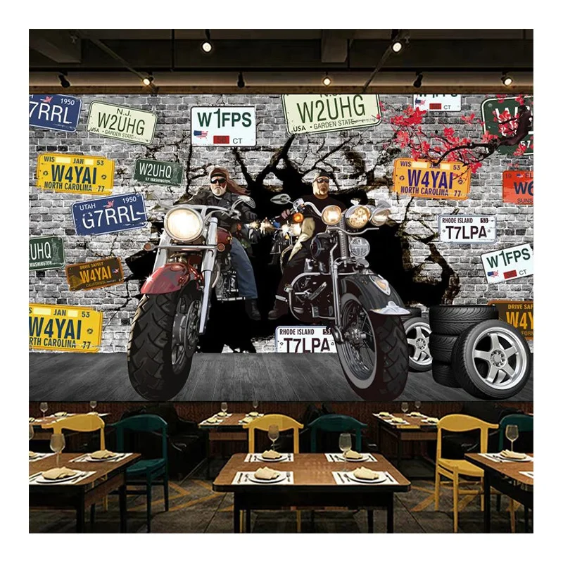 3d stereo vintage restaurant motorcycle wallpaper car racing personality wallpaper bar ktv decorative murals