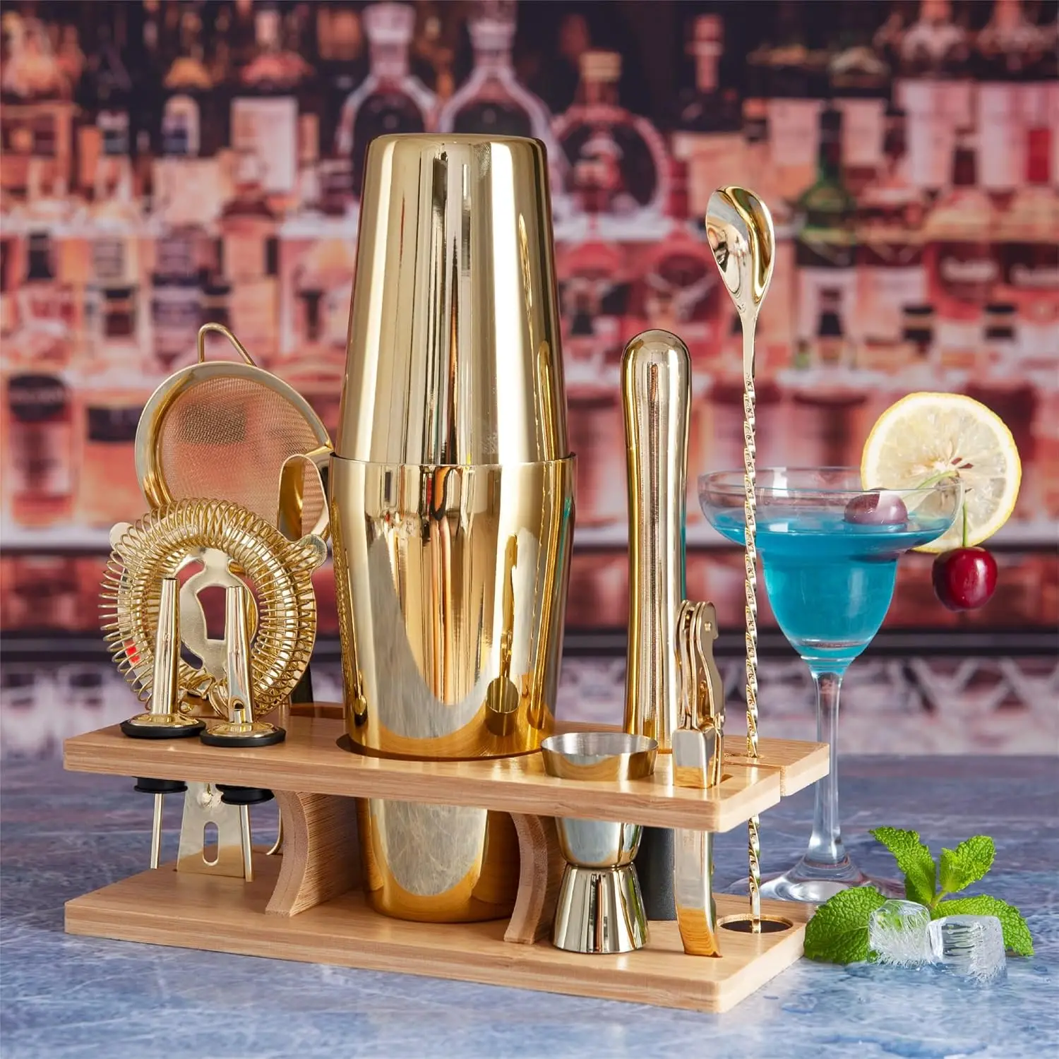 Bartender Kit and Bar Tool Set Clubs Design Tools Wooden Stand Stainless Steel Shaker