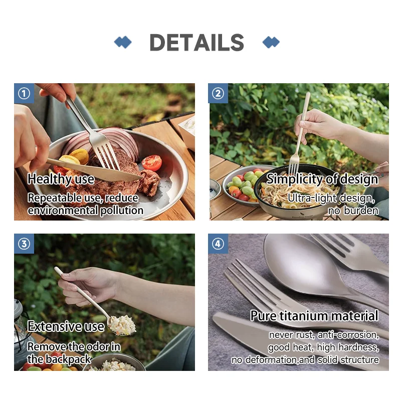 Hot Selling pure titanium flatware anti-rust outdoor portable cutlery set spoon knife and fork