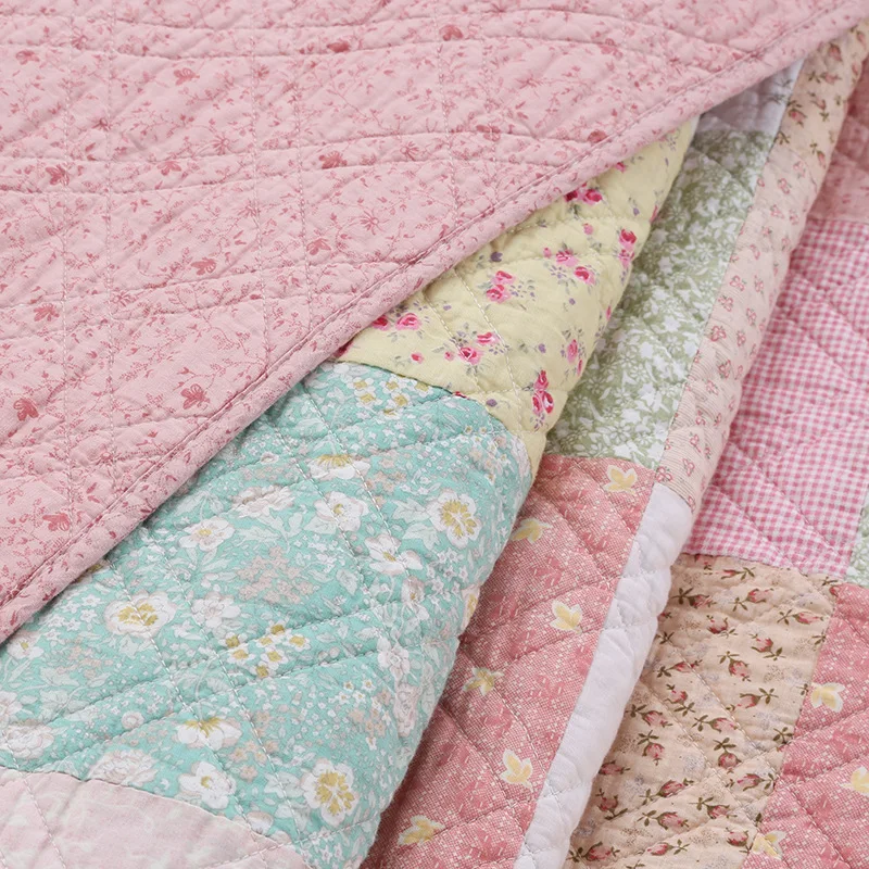 Korean Style Geometry Flower Print Cotton Montage Quilted Bedspreads Set