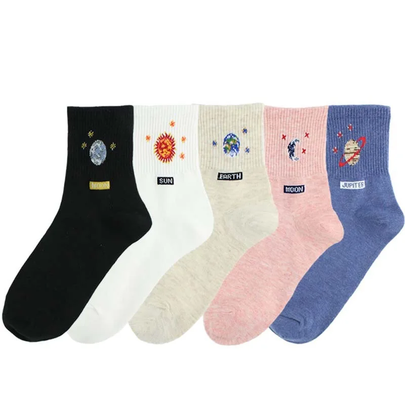 Spring planet jacquard crew women socks girls tube cute socks for women