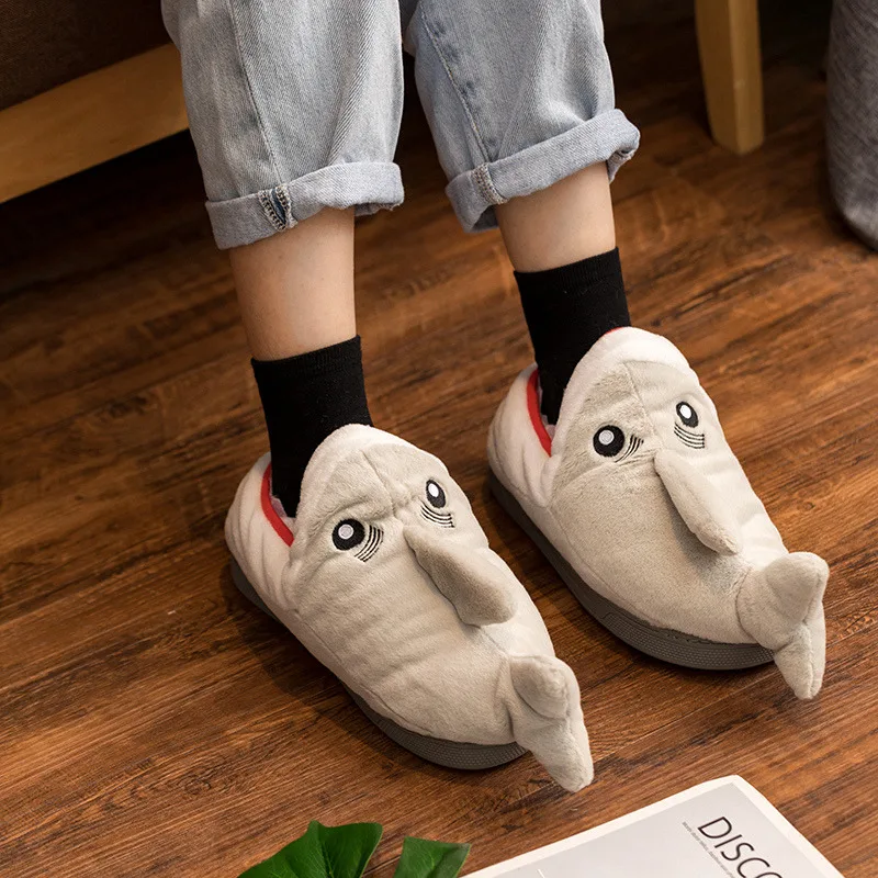 Cute Indoor Bedroom Animal Slides Fur Plush Shark Slippers Stuffed Animal Winter Female Outdoor Slippers