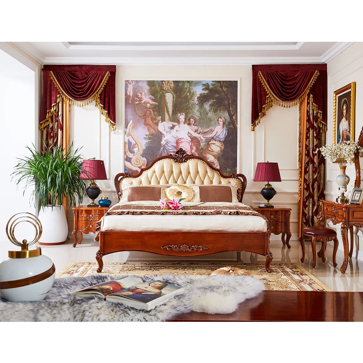 Wooden Bedroom Furniture French upholstered real leather double bed designs