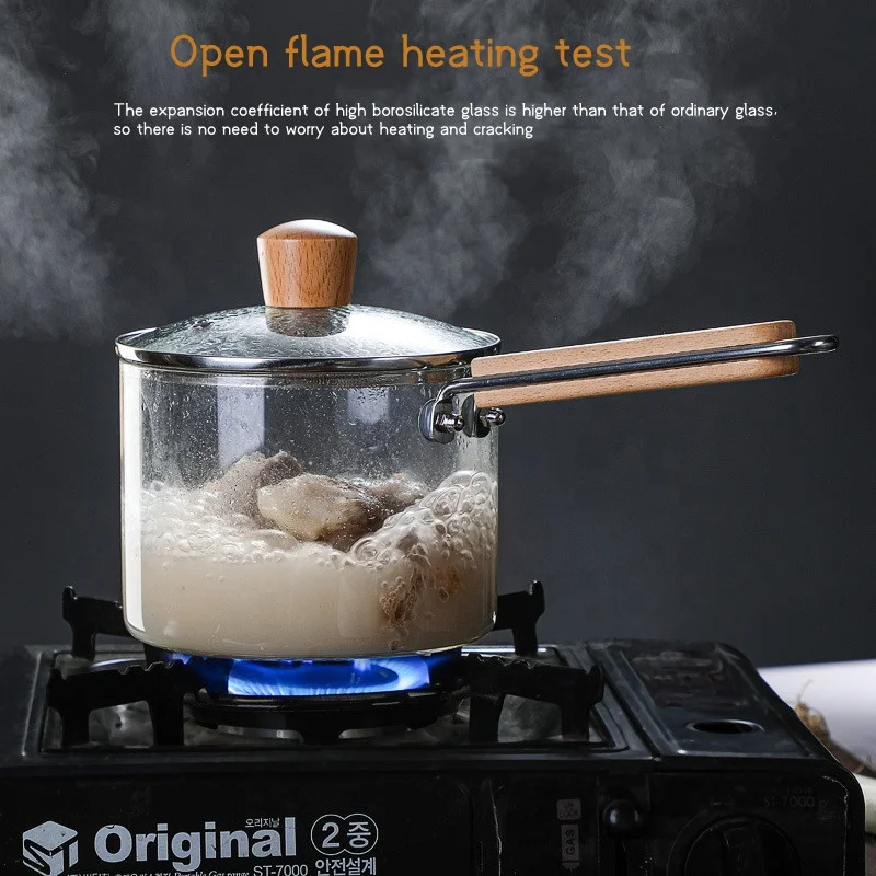Transparent borosilicate pyrex glass cooking pot glass soup pots with wooden handle