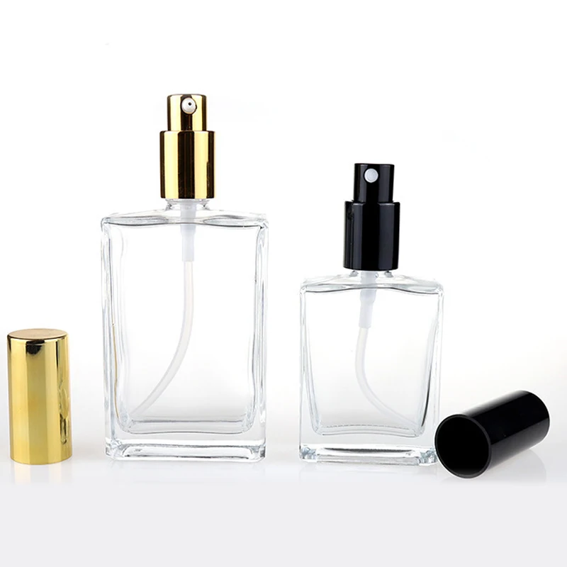 15ml 30 ml 30ml 50ml 100ml Refillable Square Clear Perfume Spray Glass Bottle with Gold Aluminum Sprayer Head and Cap
