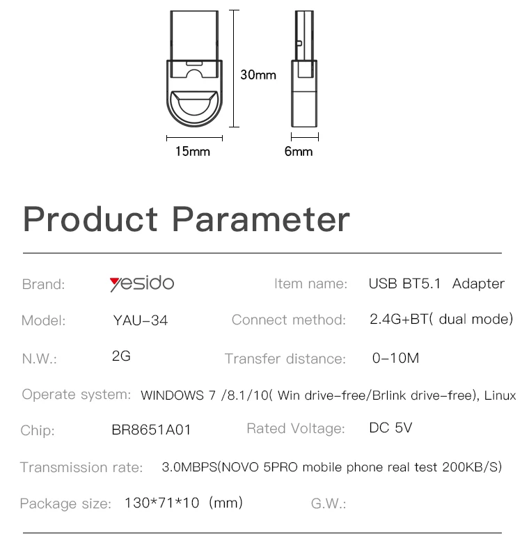 Yesido Mini USB Bluetooth Adapter receiver Wireless Mini USB Bluetooth Dongle 5.1 receiver for Computer PC Wireless Mouse