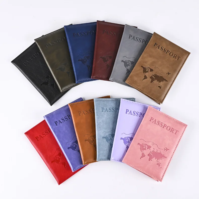 Wholesale candy color  pu leather passport holder travel wallets faux leather passport cover with map embossed logo