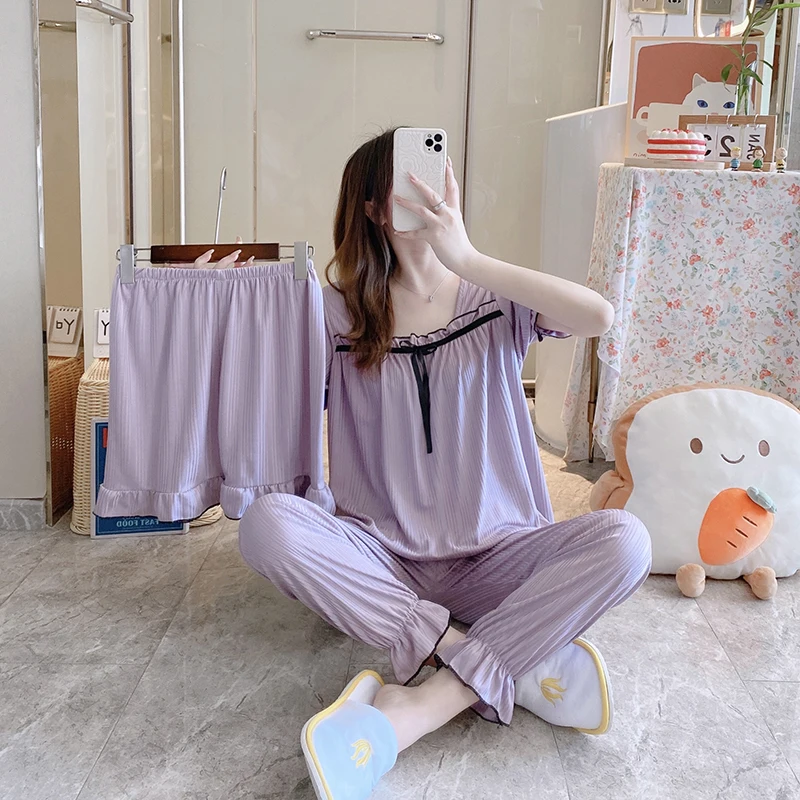 New Design Nighty 3 Pcs Piyama Homewear Sleepwear PJ Set Pijamas Woman Solid Ladies Nightgowns Girls