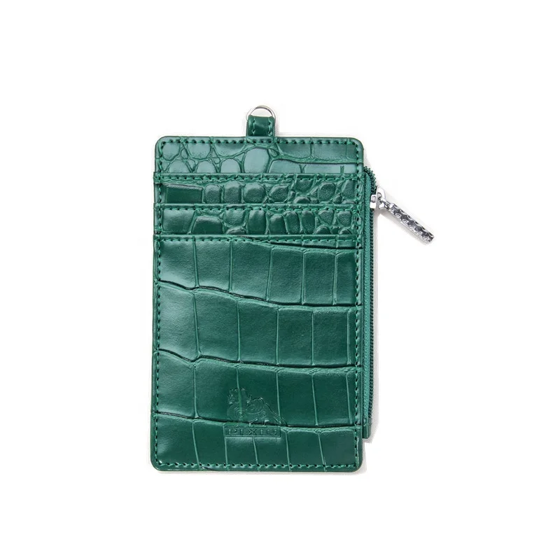 Green color leather handmade card holder with zipper design slim style from guangzhou  distributor