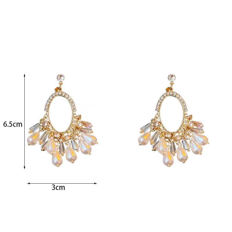 Rhinestone Oval Waterdrop Crystal Pearl Tassel Drop Earrings Retro Palace Style Earring Fashion Jewelry