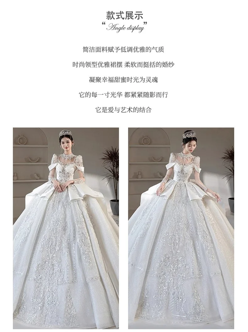 High-end wedding dress 2024 new bride main yarn high-grade French satin heavy wedding dress long sleeve