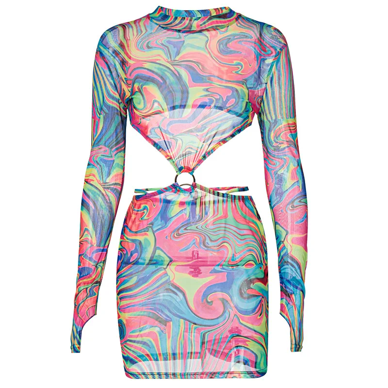 YQ275 2021 tie dye print mesh long sleeve see through mini sundress bodycon sexy summer club women party dress
