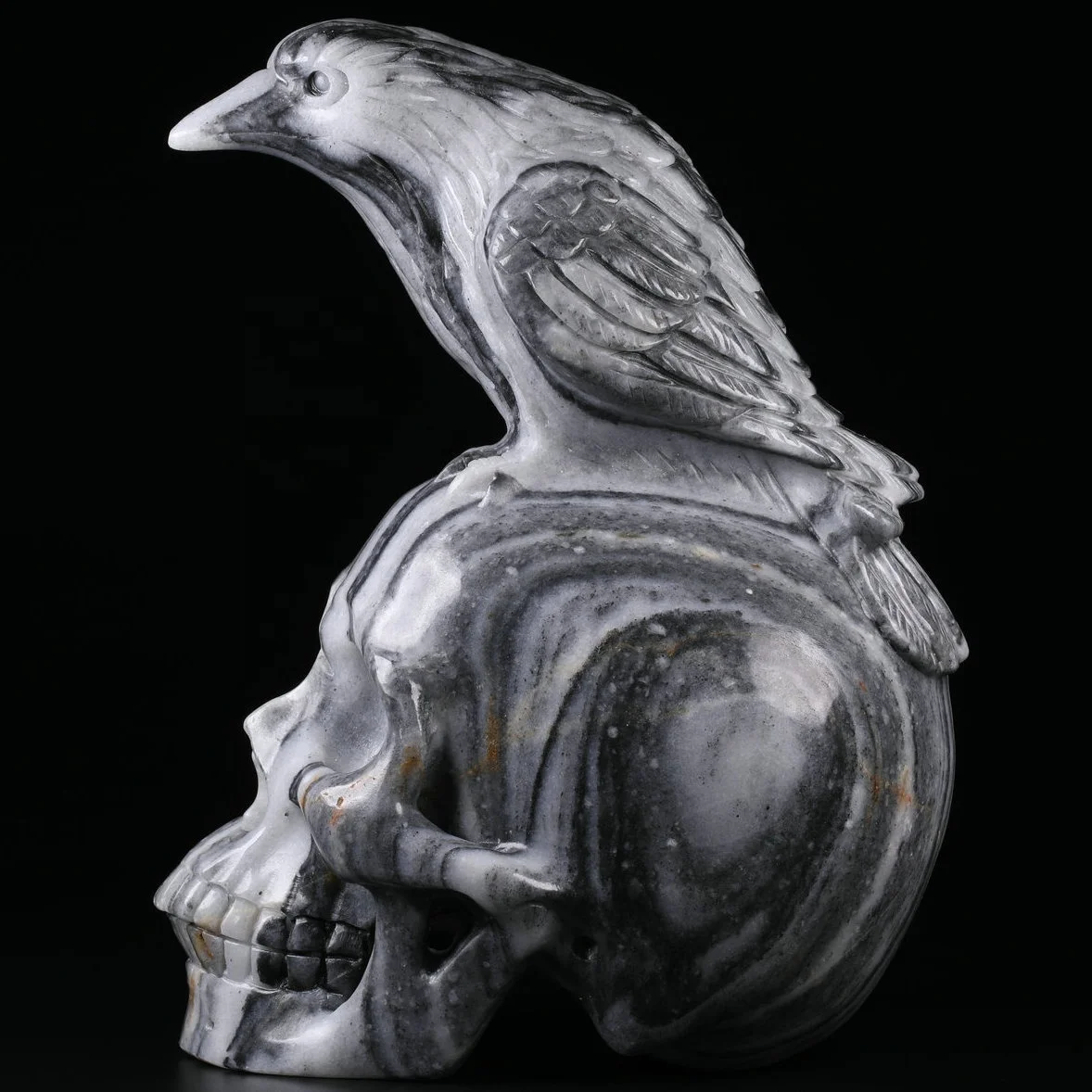 High quality customized hand carved crystal art sculpture folk crafts crystal raven skulls with dragon with crow