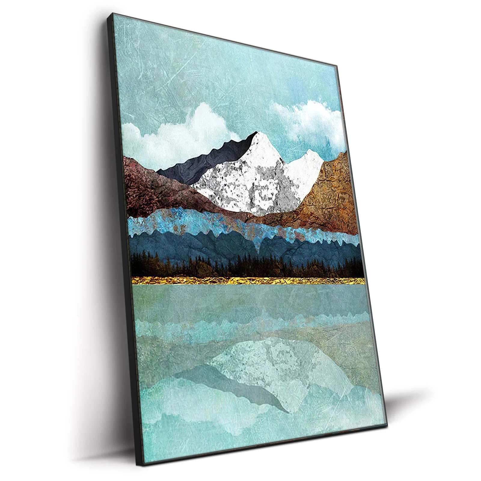 Abstract Geometrical Aesthetic Wall Art with Gold Foil Canvas Painting Ready to Hang Home Decoration