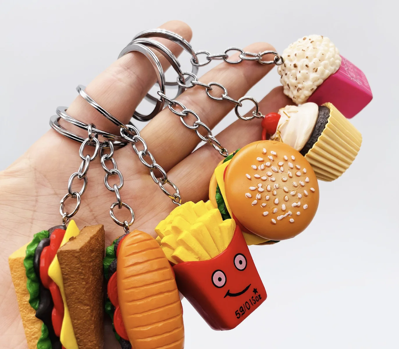 PDANY Hot Selling 3D PVC Hamburger Keychain Metal Alloy Food Cake Key Chains Chips Woman Purse Bag Charms