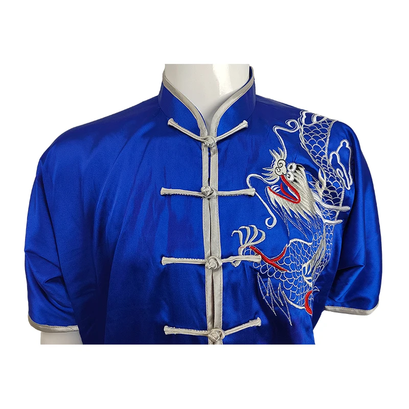 Chinese Traditional Dragons Embroidery Comfortable Soft Touch White Blue Irregular Kungfu Wears