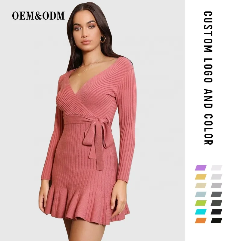 FYB Fashion Winter Bodycon V-neck Knitwear Short Mini Women Long Sleeve For Ladies Knitted Dresses