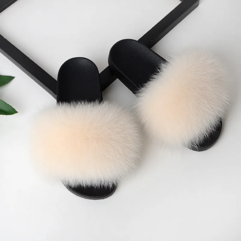
Fake fur faux fox ball lady flip flops sandal slides slippers for women furry 