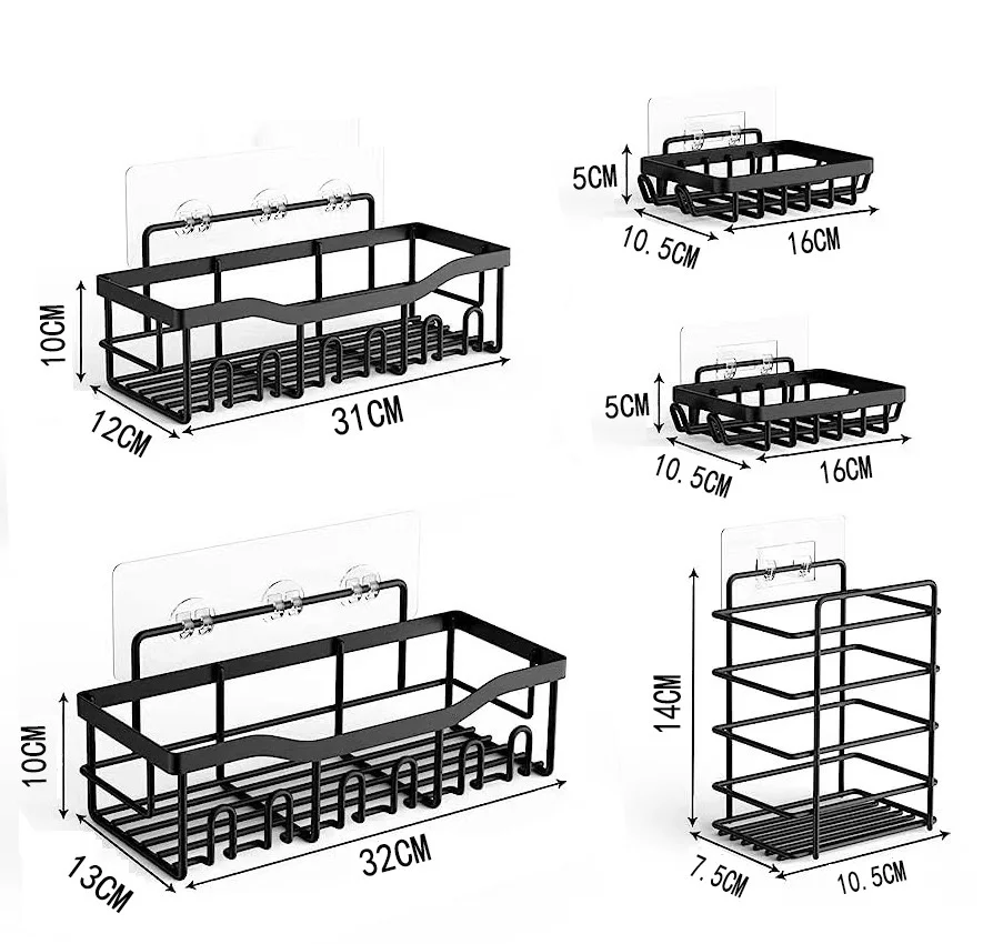3/5 Piece Shower Storage Set with Hooks - Wall Mounted, Drill-Free Adhesive Toiletries Soap Organizer, Bathroom Accessories