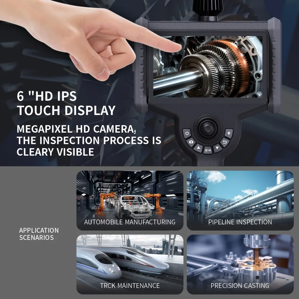 6' large touch screen 1080P FHD industrial borescope 4 way articulation IP67 industrial videoscope endoscope inspection camera