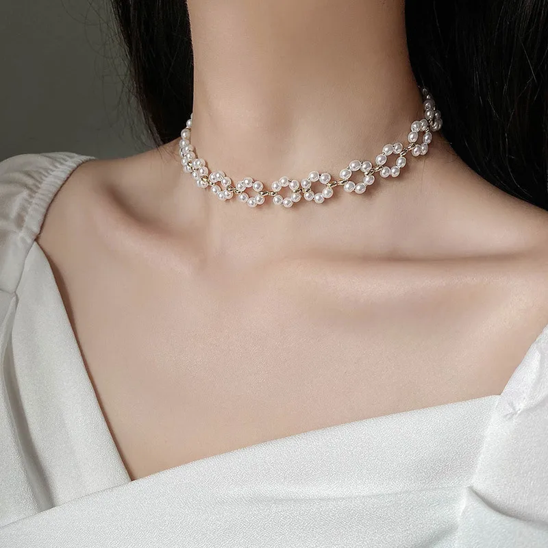 2022 Korean Bead Pearl Flower Link Clavicle Chain Choker Elegance White Imitation Short Necklace Lady Jewelry