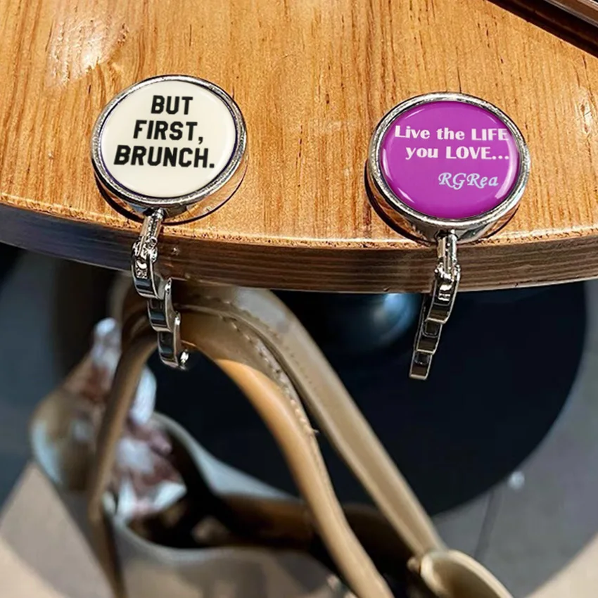 Портативный модный круглый металлический цинковый сплав без рисунка складной крючок с логотипом на заказ вешалка для сумок держатель