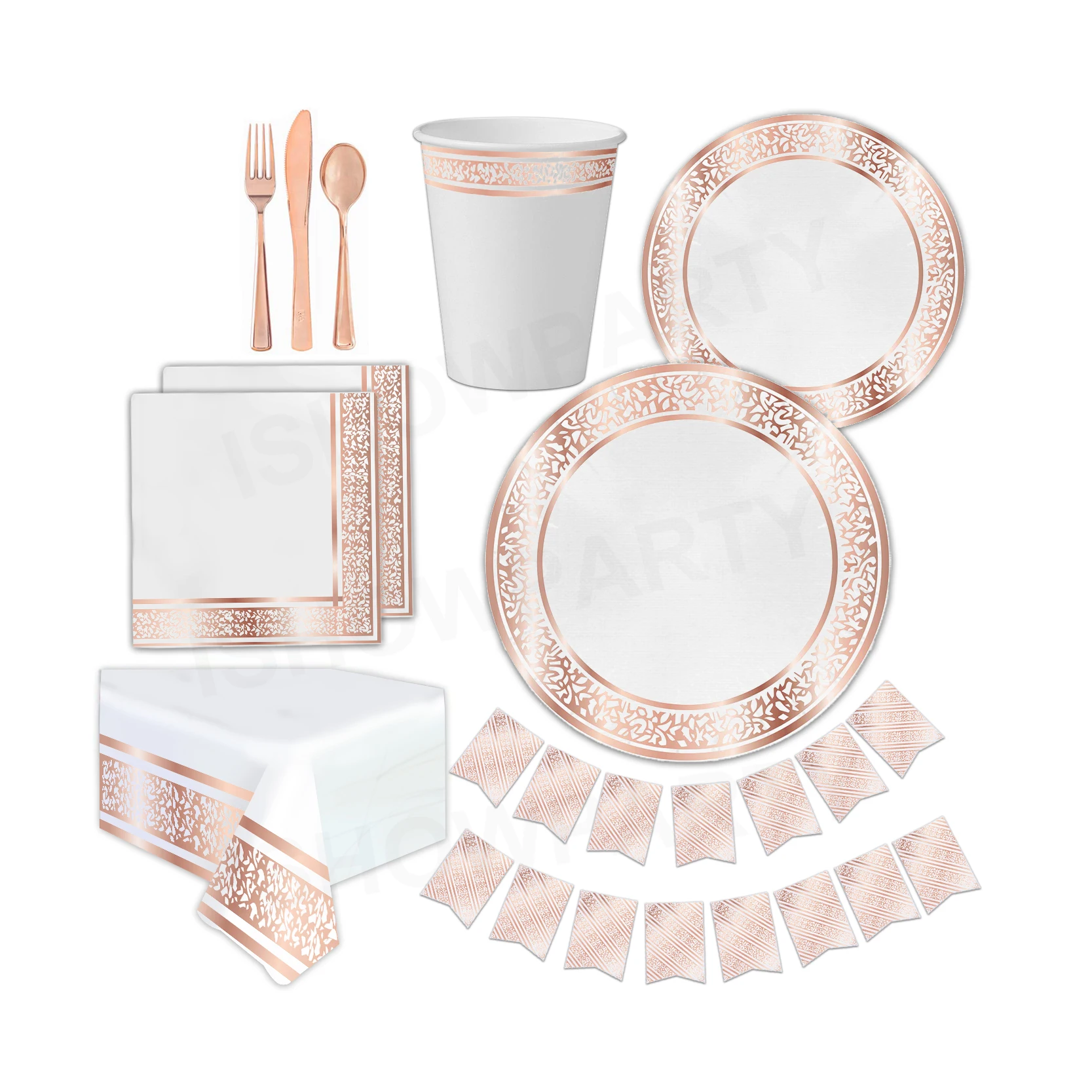 
146Pcs Rose Gold Party Supplies Party Tableware Foil Paper Plates Napkins Cups Straws For Weddings Anniversary Birthday 