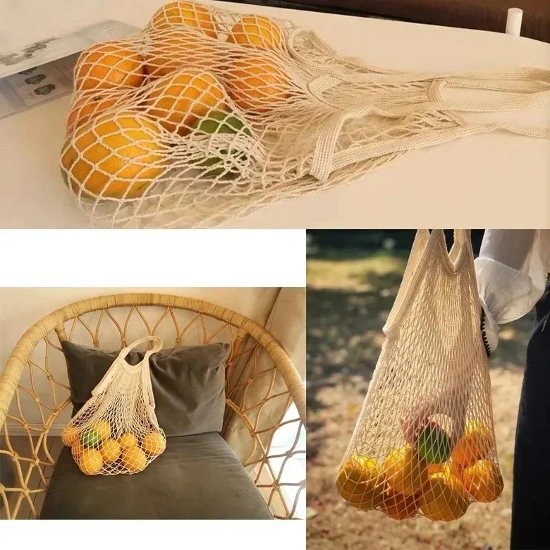 Shopping Bags Canvas Portable Mesh Net Bag Reusable Foldable Fruit Vegetable Storage Bag Handbag