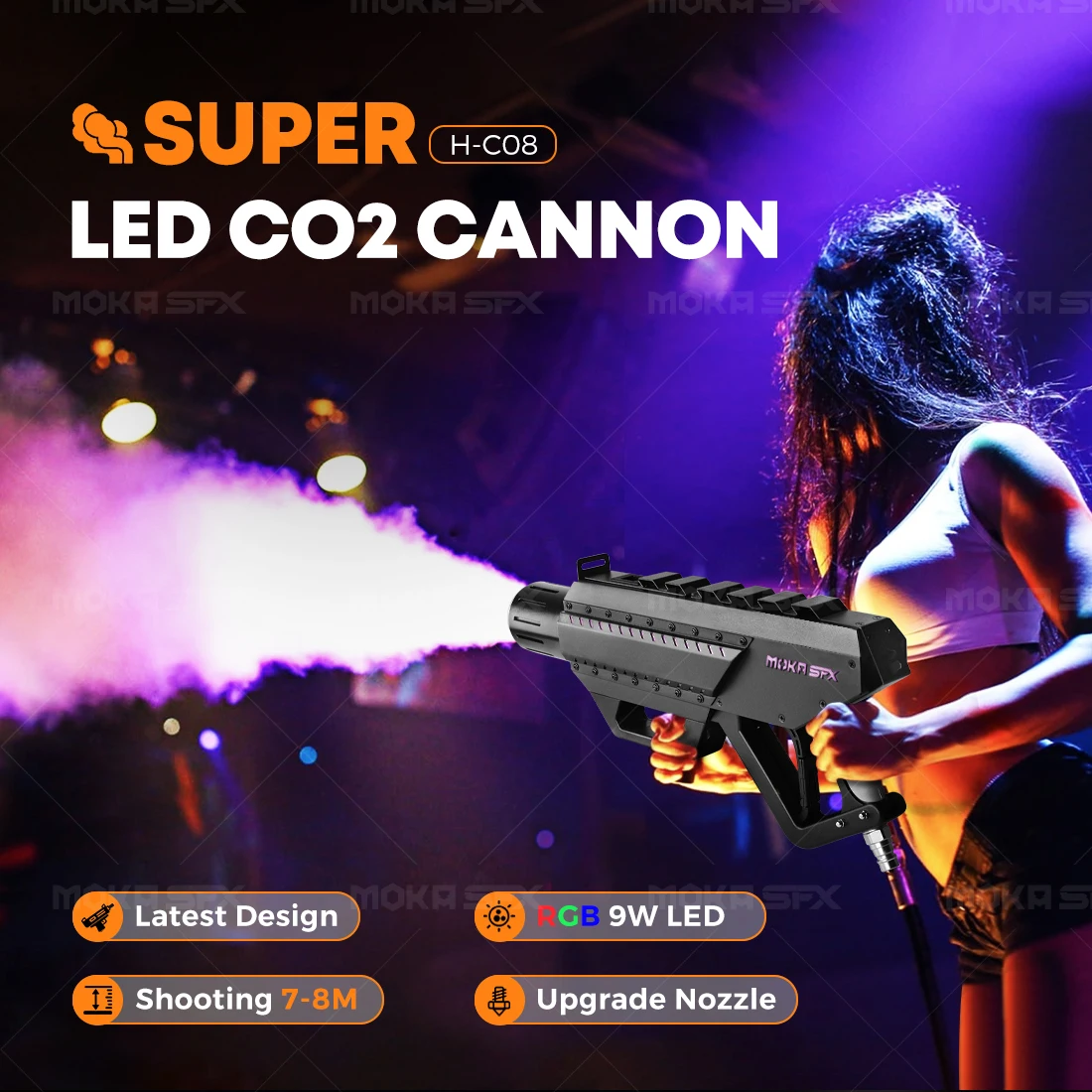Moka sfx RGB LED Co2 Gun DJ Pistol Spray 7-8M Co2 Jet Fog Machine for Stage Wedding Club