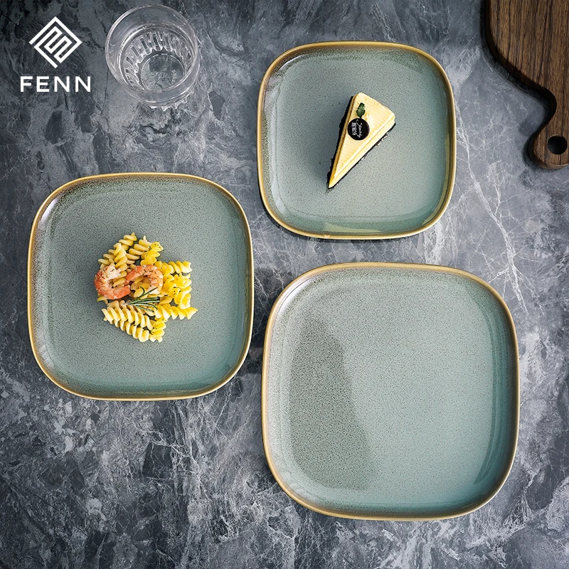 Crockery Glaze Surface Rock Japanese Food Serving Tray Ceramic Green 8 Inch 9 Inch 10 Inch Porcelain Big Square Plates