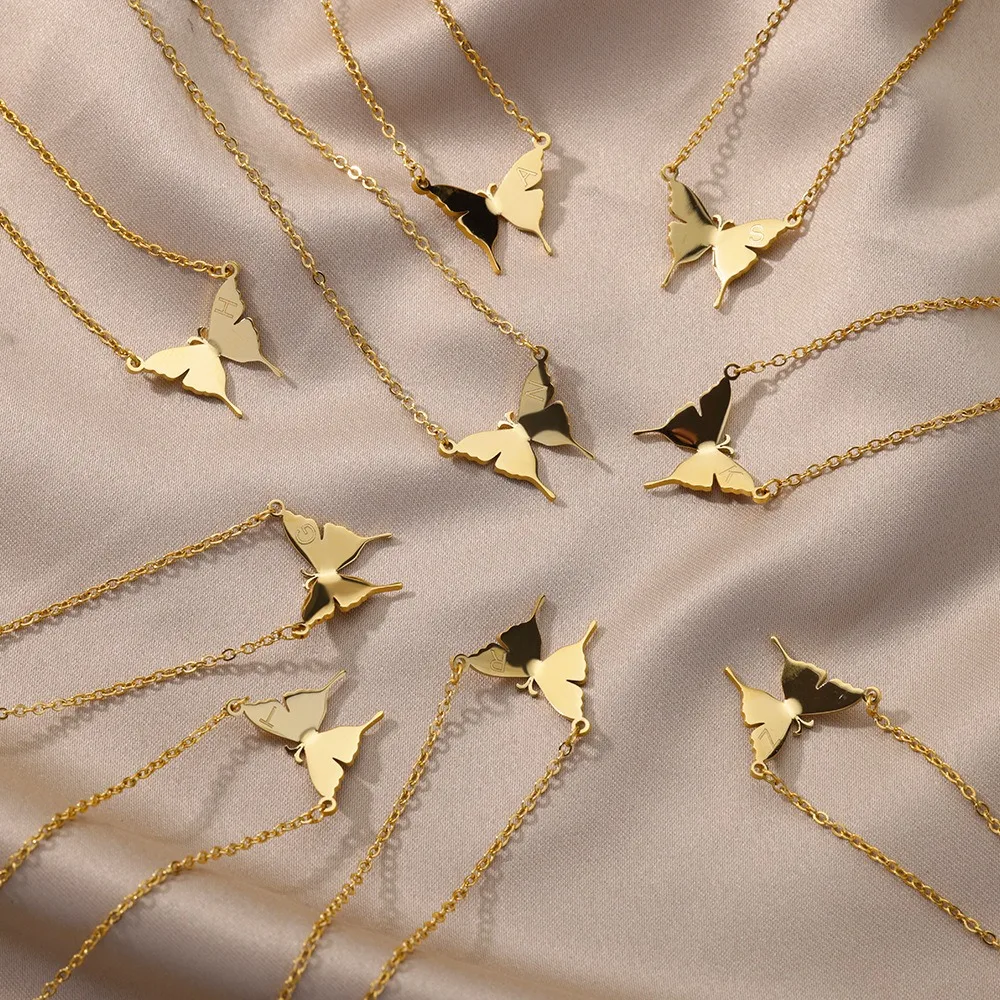 Creative New Stainless Steel Butterfly Pendant Necklace Trendy Butterfly 26 Letter Steel Seal Collar Necklace