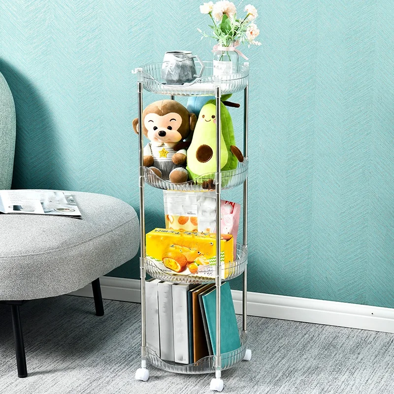 Hot Selling Transparent Round Modern Salon Kitchen and Bathroom Snack Food Fruit Storage Shelf with Wheels Rolling Storage Cart