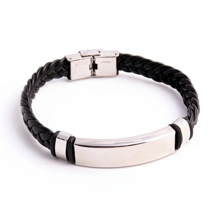 New Arrival Black Blank Leather bracelet Stainless Steel Plain Cuff Cable Bracelets Silver Sting Bracelet