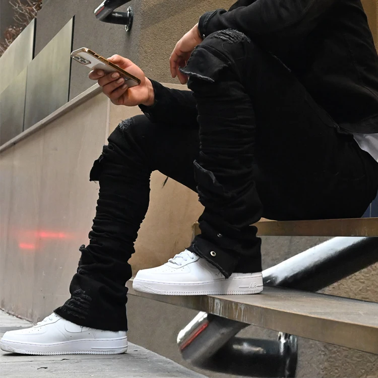 HuiLi High street fashion colorful jeans OEM brand multi pocket washed cargo denim pants slim fit custom stacked jeans men