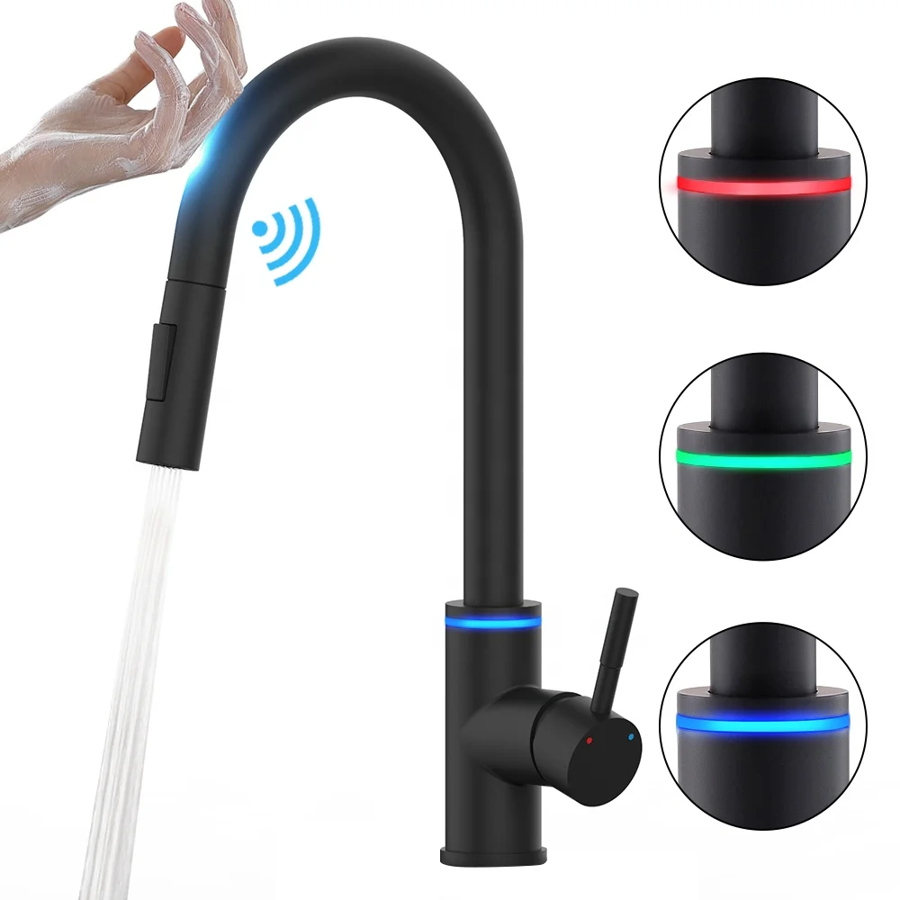 Hot sale sus304 Pull out Smart Touch Sensor Kitchen Faucet with LED 3 Way Water Saving Faucet Hot Cold Mixers Tap