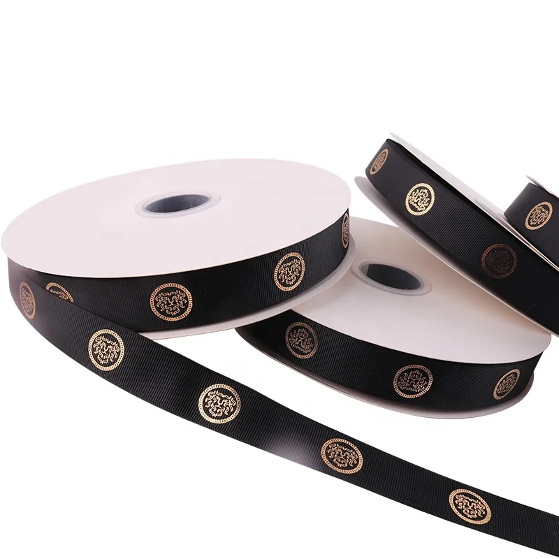 ECO friendly 2.5 cm White logo printing Gold foil printing ribbons Brand Artwork Colorful Satin Grosgrain Ribbon for Packaging