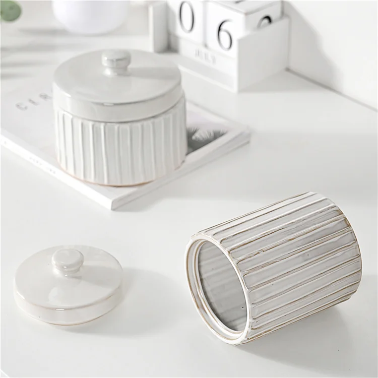Antique Effect Ceramic Embossed Line Kitchen Coffee Canister With Lid