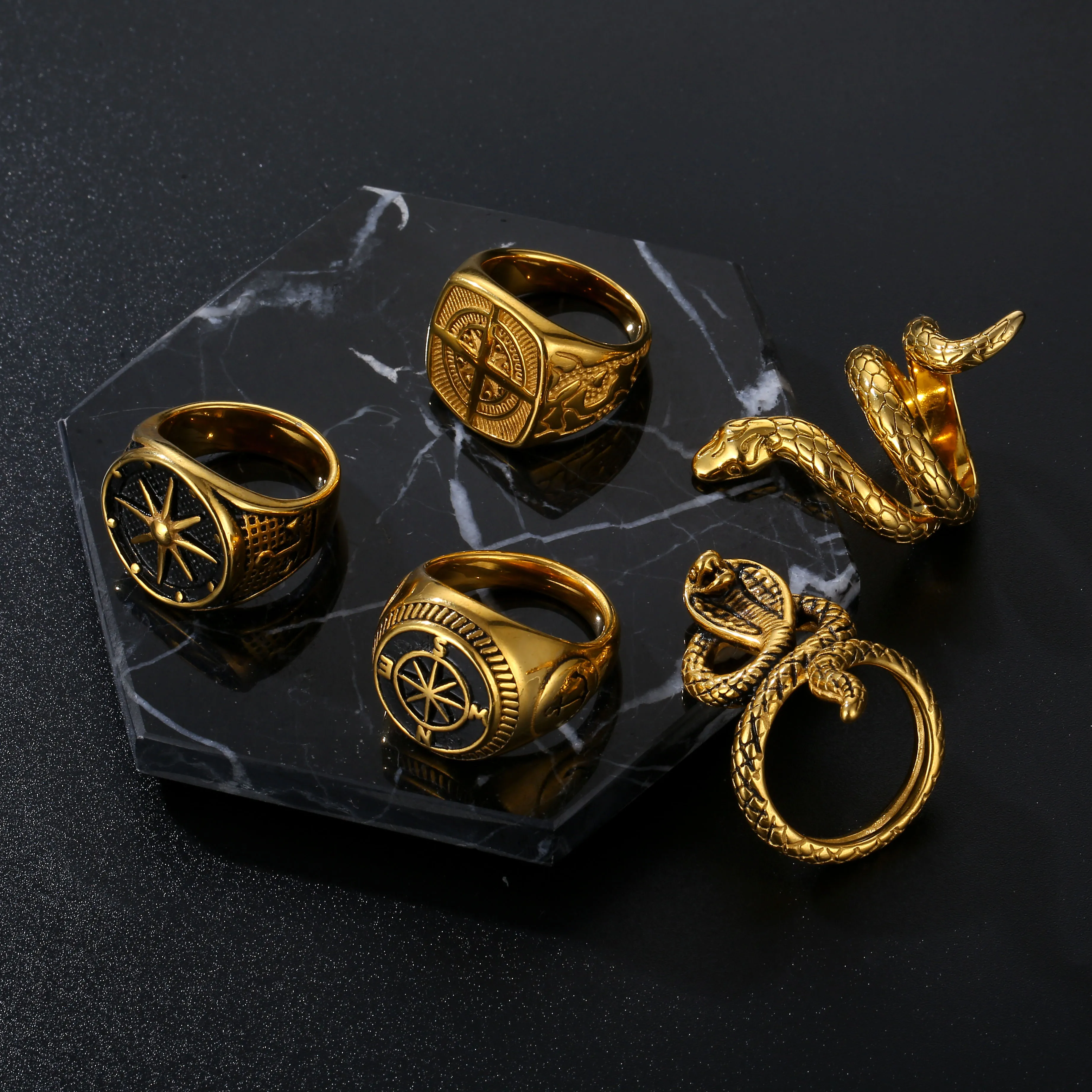 Vintage Punk Style Man Stainless Steel  Anchor Ring Vintage Ancient Navigation Compass Ring Gold Plated Snake Ring