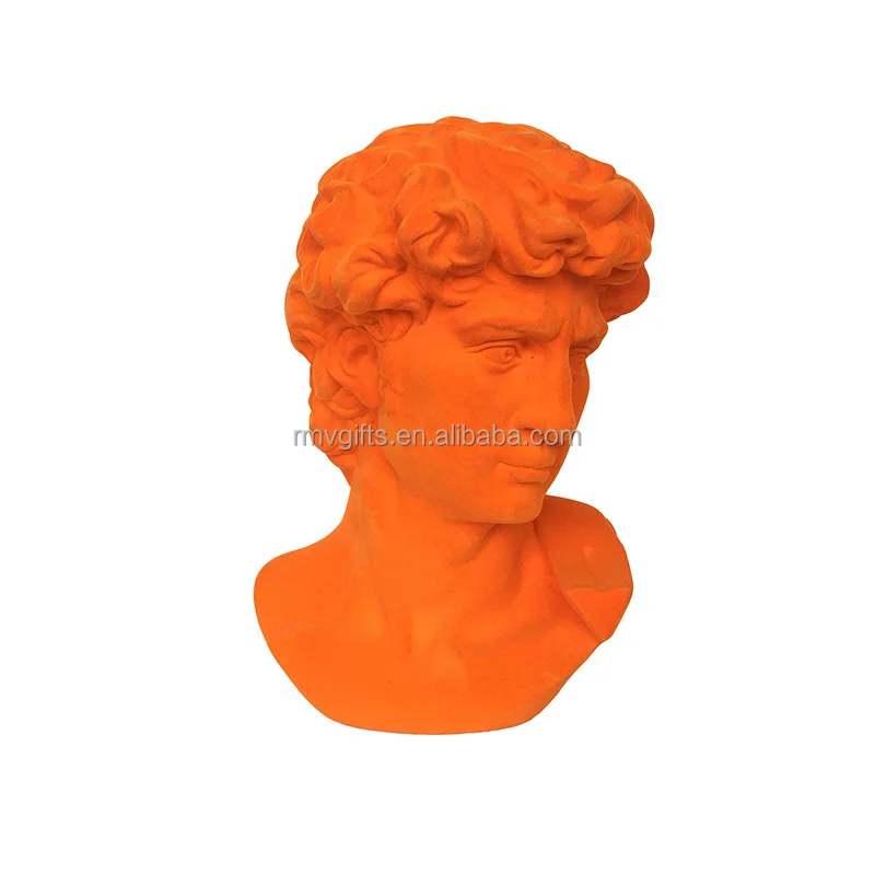 Unique Orange Flocking Indoor Abstract Greek Head Statue Home Decor Resin Art Sculpture David Bust