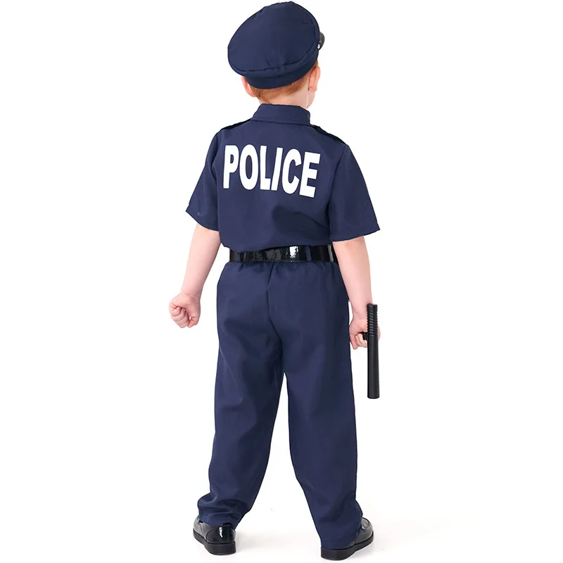 Hight Quality Police Officer Cosplay Cute Police Uniform Blue Suit With Hat Costume Halloween  Boy