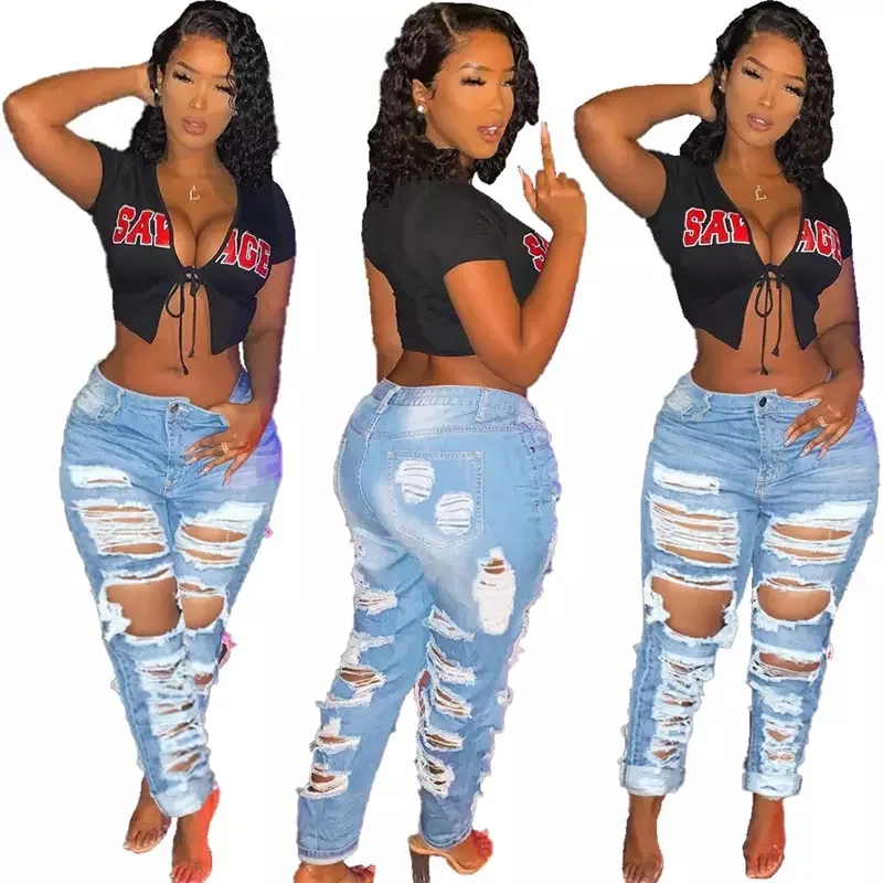 
New Design Women Ripped Distressed Washed Denim Pants Boyfriend Damaged Jeans 