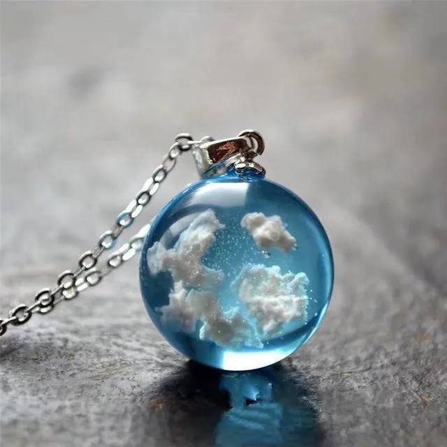 Creative Handmade Transparent Blue Sky White Cloud Resin Ball Pendant Necklace