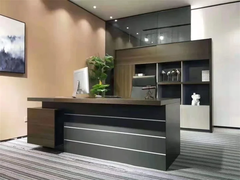 L Shaped CEO Executive Wood Tables Dark Color Furniture Boss Office Desk