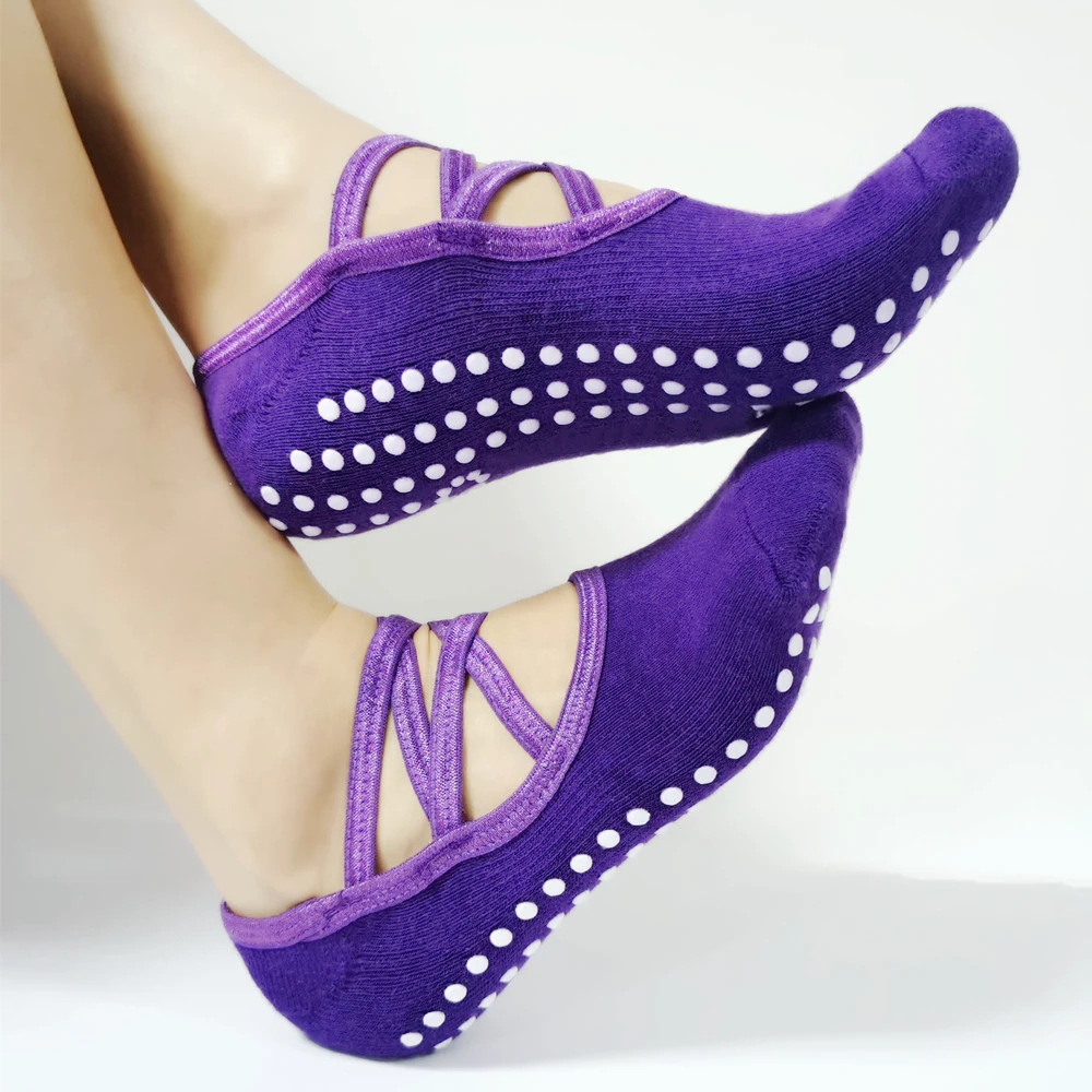 professional custom backless yoga socks with thick towel soles cross straps ballet yoga socks non slip sports fitness floor sock